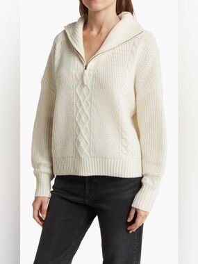 360 Cashmere Cable-Knit Half-Zip Turtleneck Sweater in Cream
